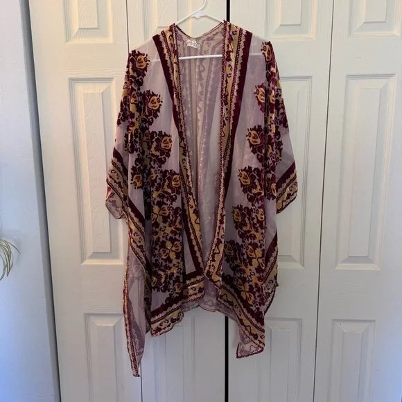 Free People Sheer Velvet Burnout Boho Shawl Kimono Purple Yellow, One Size - Picture 8 of 8